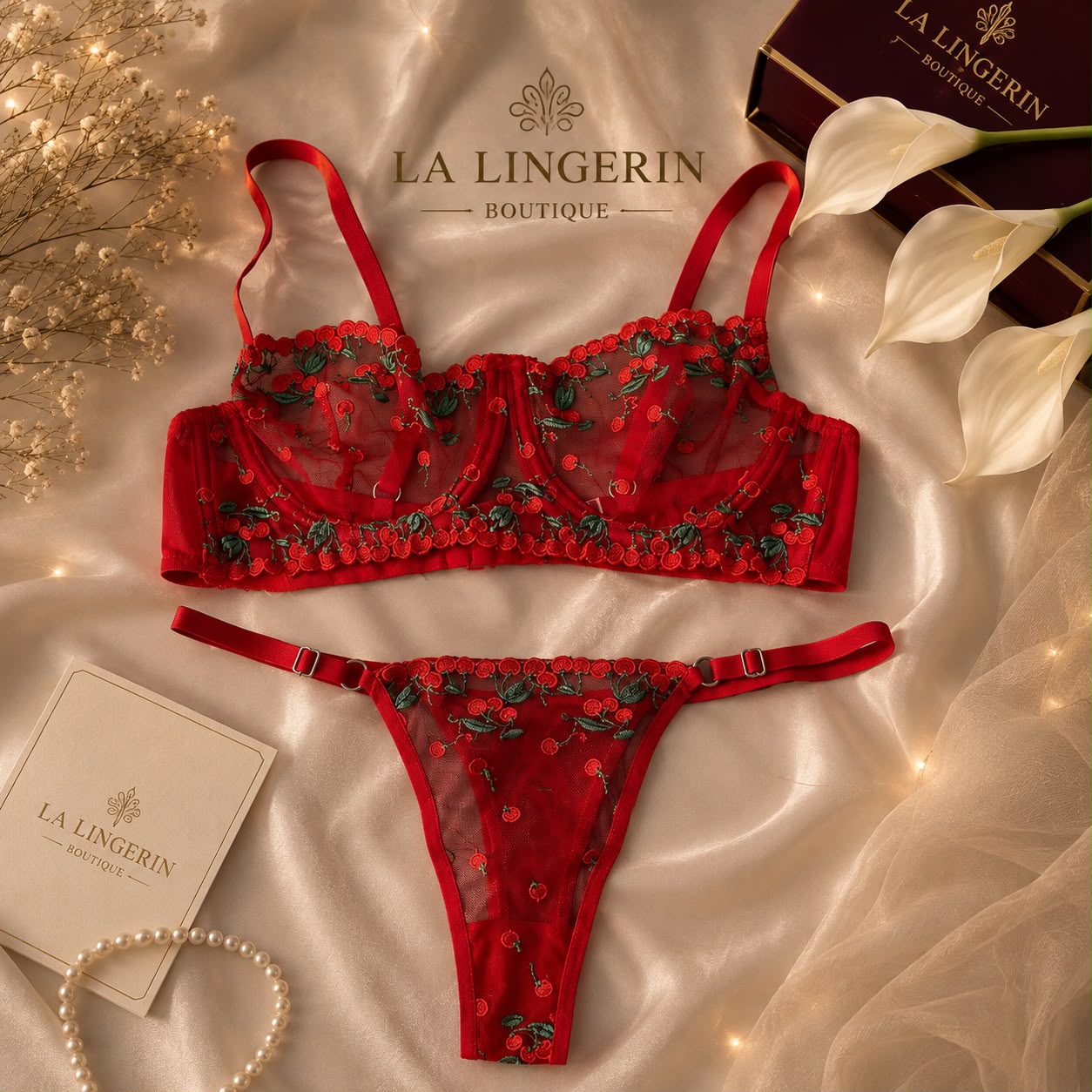 Cherry Bloom Nakışlı Kapsız Bralet Sütyen Takımı